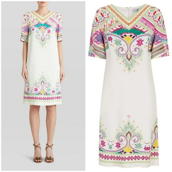 💕ETRO💕 Tavolara Printed V-neck Shift Dress ~ Multi-Color Paisley Print 48 EU - Picture 1 of 16